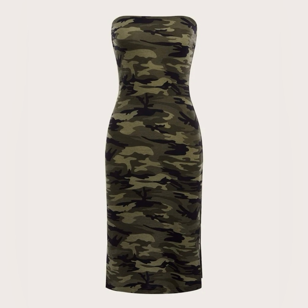 EUC Sirens hot strapless midi camo dress